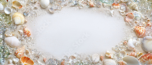 Wallpaper Mural A white background surrounded by sand, seashells, and glass stones, generative AI Torontodigital.ca