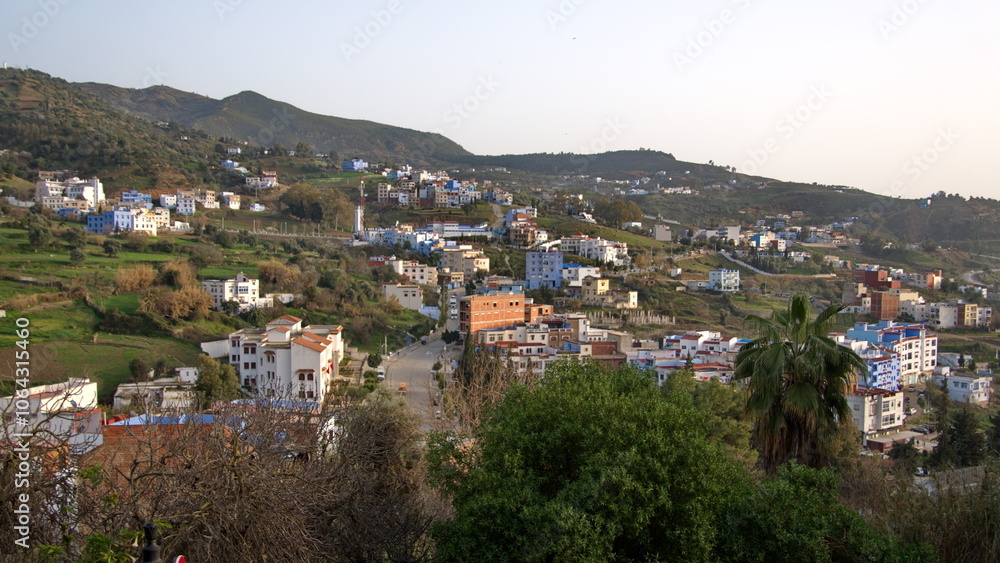 Buildings in the mountain above town in Chefchaouen, Morocco Buildings in the mountain above town in Chefchaouen, Morocco