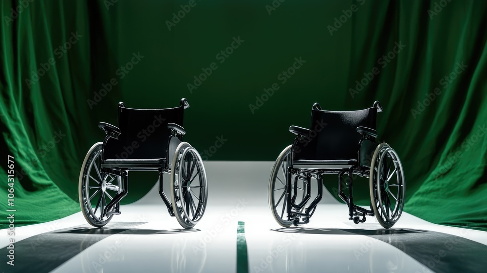Fototapeta premium Modern Wheelchairs on Display with Green Background