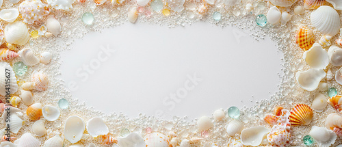 Wallpaper Mural A white background surrounded by sand, seashells, and glass stones, generative AI Torontodigital.ca