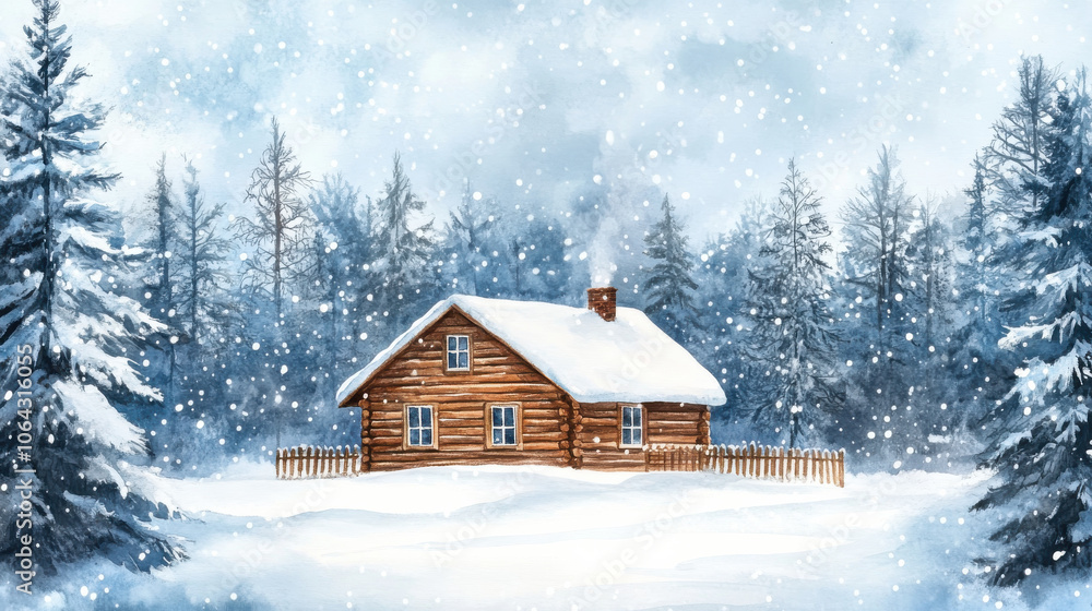 Naklejka premium Cozy winter cabin surrounded by snow and tall trees, evoking warmth and peace