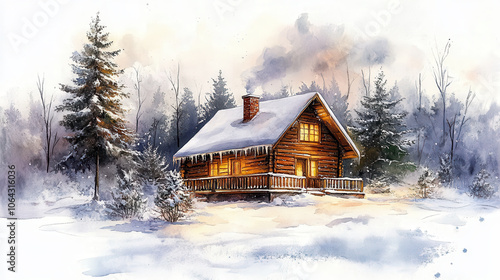 Cozy winter cabin surrounded by snow, evoking warmth and tranquility