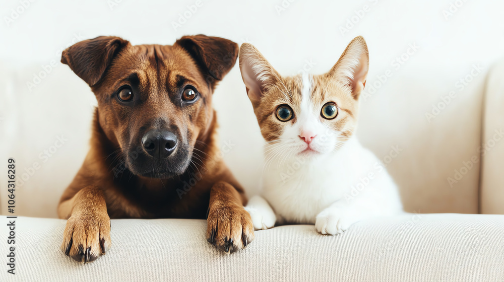 Adorable dog and cat sitting together on a couch, showcasing their friendship and companionship. Adorable dog and cat sitting together on a couch, showcasing their friendship and companionship.