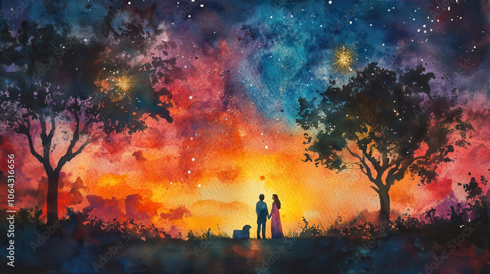 Fototapeta premium romantic scene of couple under starry sky, surrounded by vibrant colors