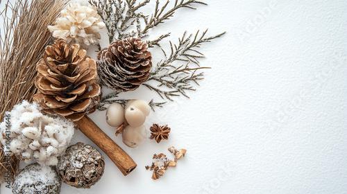 Aesthetic arrangement of winter decor elements including pine cones, cinnamon sticks, and dried flowers on a white background. photo