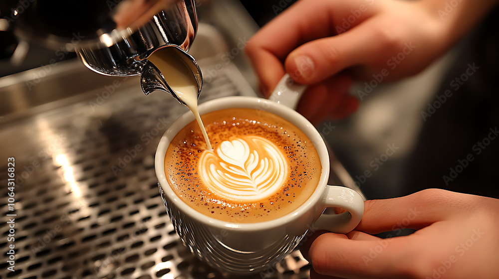 A barista is pouring milk into a coffee cup with a heart design A barista is pouring milk into a coffee cup with a heart design