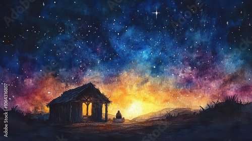 serene watercolor nativity scene under bright starry sky evokes peace