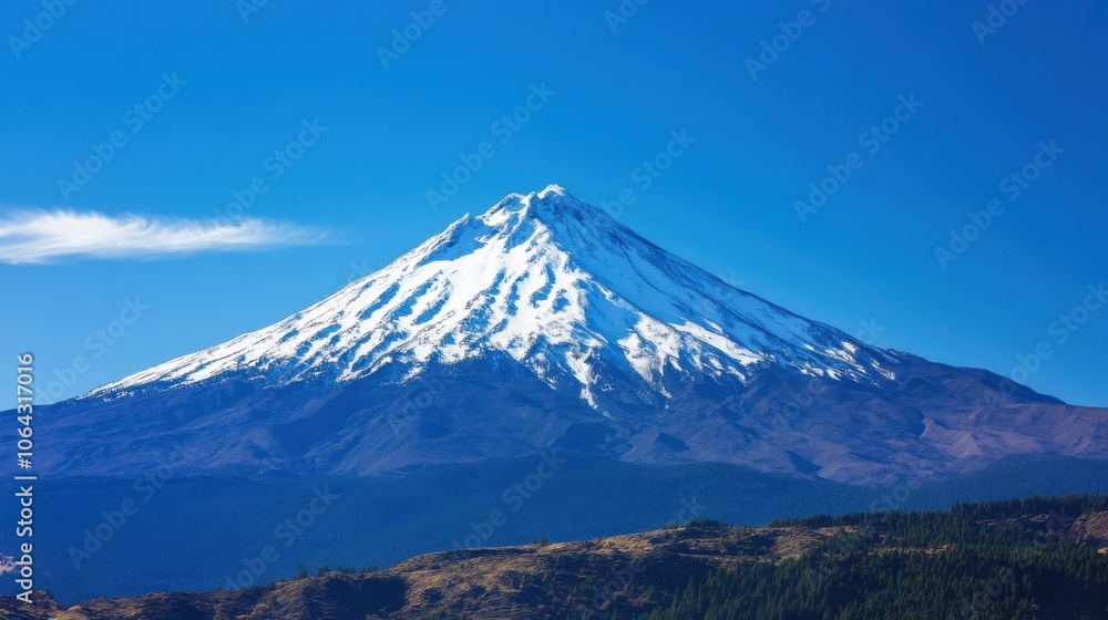 A striking view of a towering snow-covered mountain dominates the landscape, surrounded by rugged terrain. The bright blue sky adds to the grandeur of this breathtaking Himalayan vista.