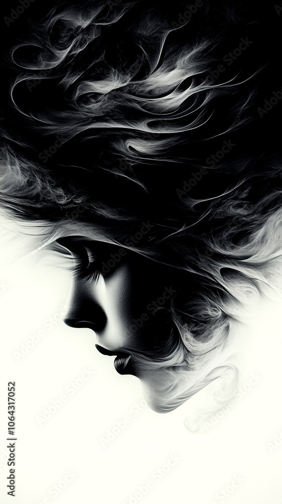 A woman's face is shown in a black and white photo with smoke coming out of her hair. The photo has a moody and mysterious feel to it, as if the woman is in a dream or a nightmare A woman's face is shown in a black and white photo with smoke coming out of her hair. The photo has a moody and mysterious feel to it, as if the woman is in a dream or a nightmare