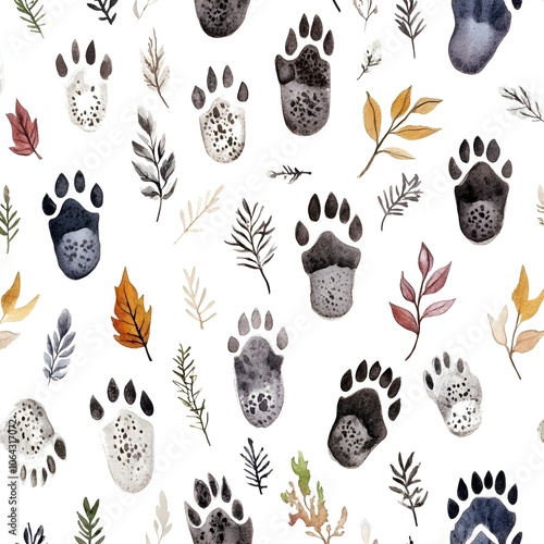 Watercolor Seamless Pattern with Animal Tracks and Autumn Leaves