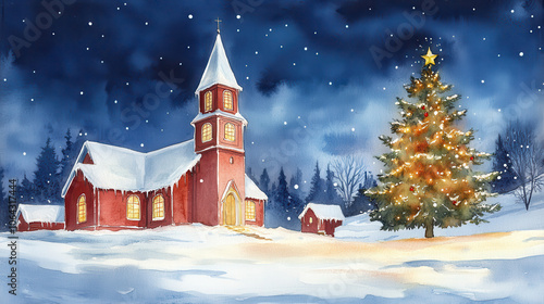 beautiful watercolor scene of snow covered church with Christmas tree