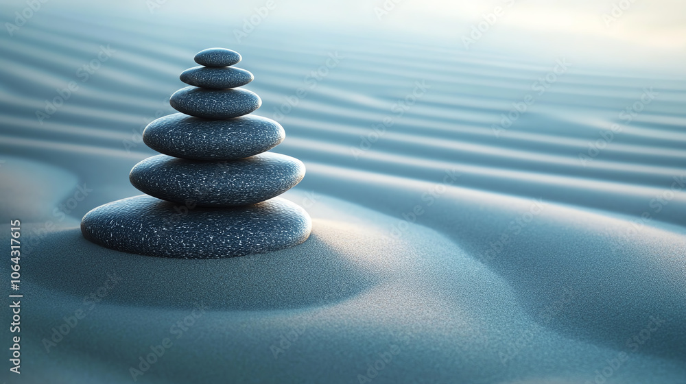 Balanced stones stacked in harmony on smooth sand, creating a serene and calming atmosphere.