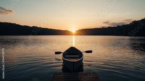 Fototapeta Naklejka Na Ścianę i Meble -  serene sunset over mountain lake with canoe gently floating near wooden dock, creating peaceful and tranquil atmosphere