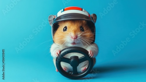 A Cute Hamster in a Helmet Holding a Steering Wheel