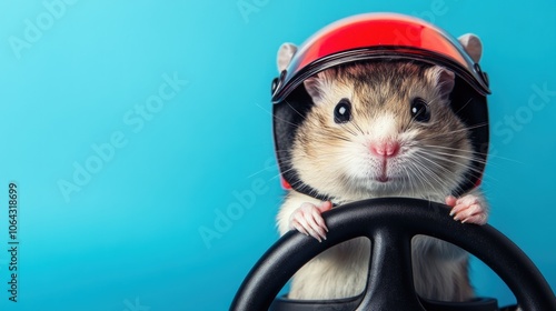 A Cute Hamster in a Red Helmet Holding a Steering Wheel