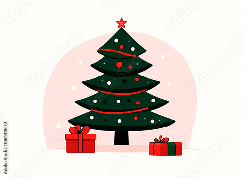 A Christmas tree with a star on top and presents underneath. The tree is surrounded by a pink background