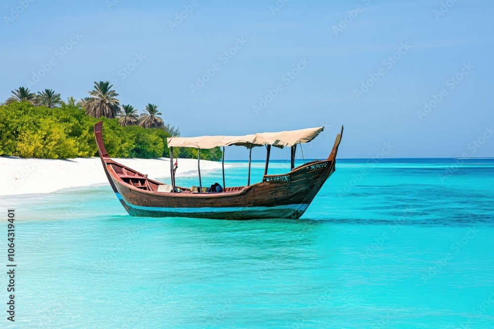 Traditional dhow boat sailing on turquoise waters near sandy beach and tropical palm trees Traditional dhow boat sailing on turquoise waters near sandy beach and tropical palm trees