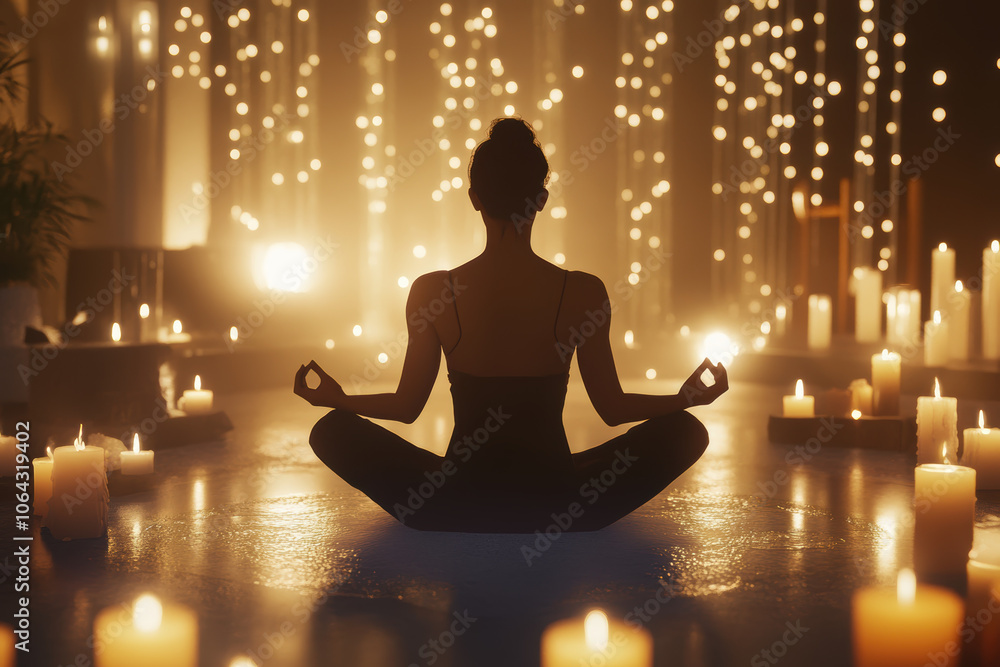 Serenity and mindfulness - woman meditating in candlelit room with warm lights Serenity and mindfulness - woman meditating in candlelit room with warm lights