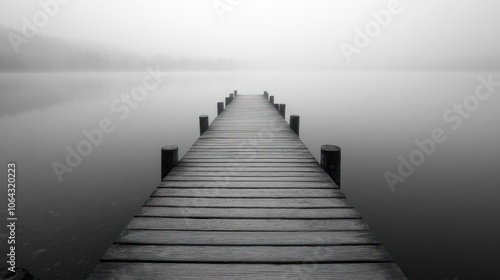 A serene wooden dock extends into a foggy lake, creating a tranquil atmosphere.