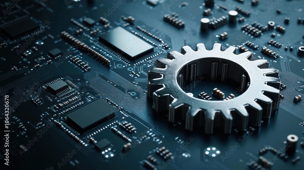 Fototapeta premium A gear and circuit board combined, symbolizing industrial technology