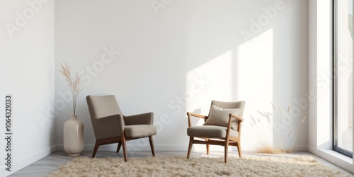 Soft armchair and dry grass in vase in morning light empty room minimalist Scandinavian interior, vase, armchair, wall