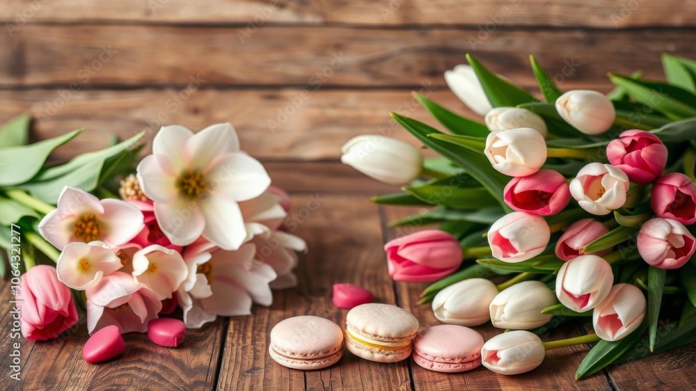Spring bouquet of white tulips and macaroons on wooden table, rustic background for Mother's Day and Valentine's Day, flowers, copy space, spring Spring bouquet of white tulips and macaroons on wooden table, rustic background for Mother's Day and Valentine's Day, flowers, copy space, spring