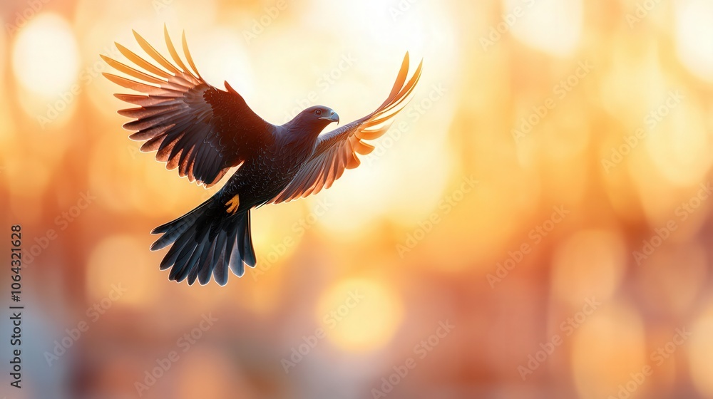 Obraz premium Majestic Black Bird Soaring in Golden Sunset Sky with Detailed Feather Design