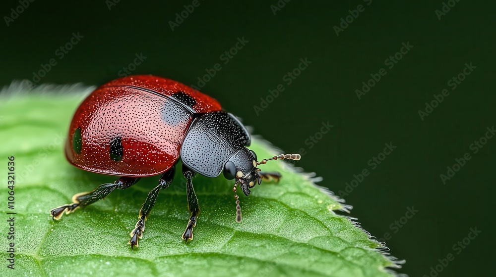 Macro of ladybug on green leaf, detailed closeup, red and green contrast, outdoor charm Macro of ladybug on green leaf, detailed closeup, red and green contrast, outdoor charm