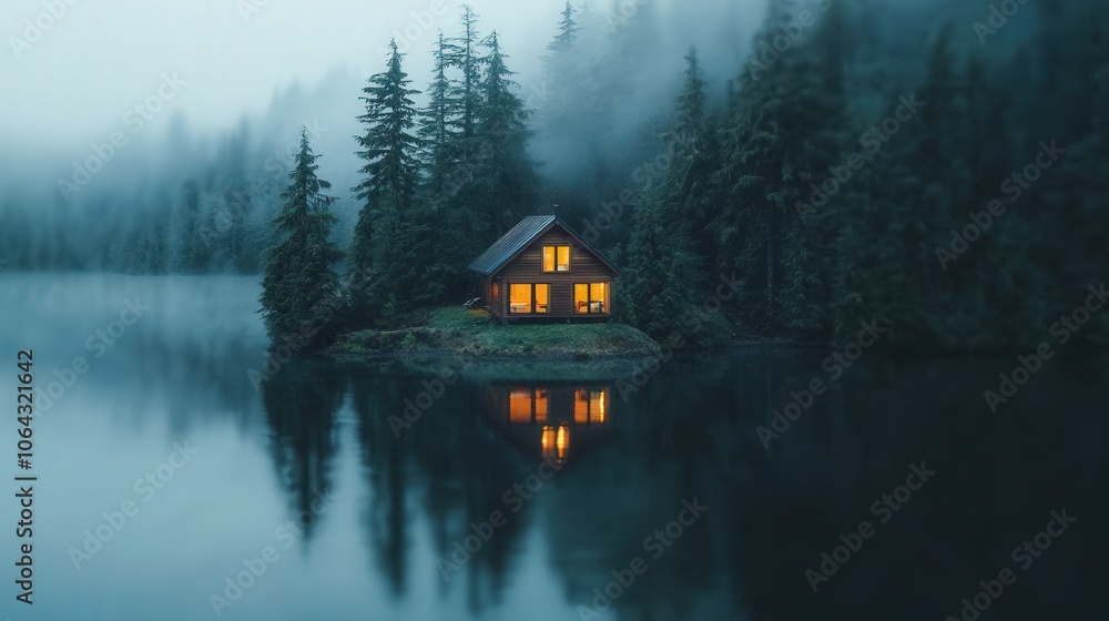 Fototapeta premium Misty Forest Lake with Cozy Cabin and Reflection