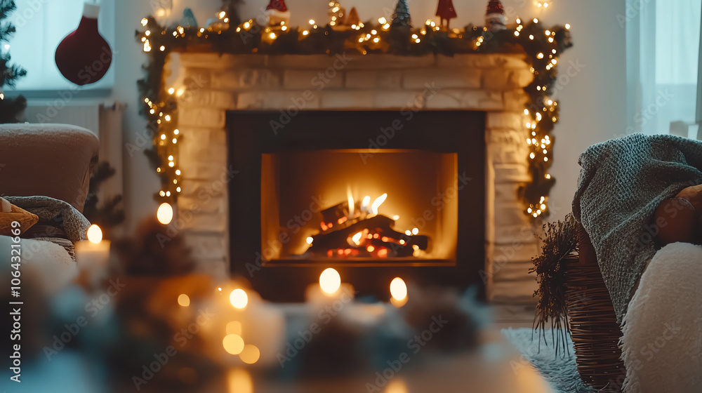 Cozy fireplace adorned with festive decorations, warm glow of flames, creating a inviting holiday atmosphere. Cozy fireplace adorned with festive decorations, warm glow of flames, creating a inviting holiday atmosphere.