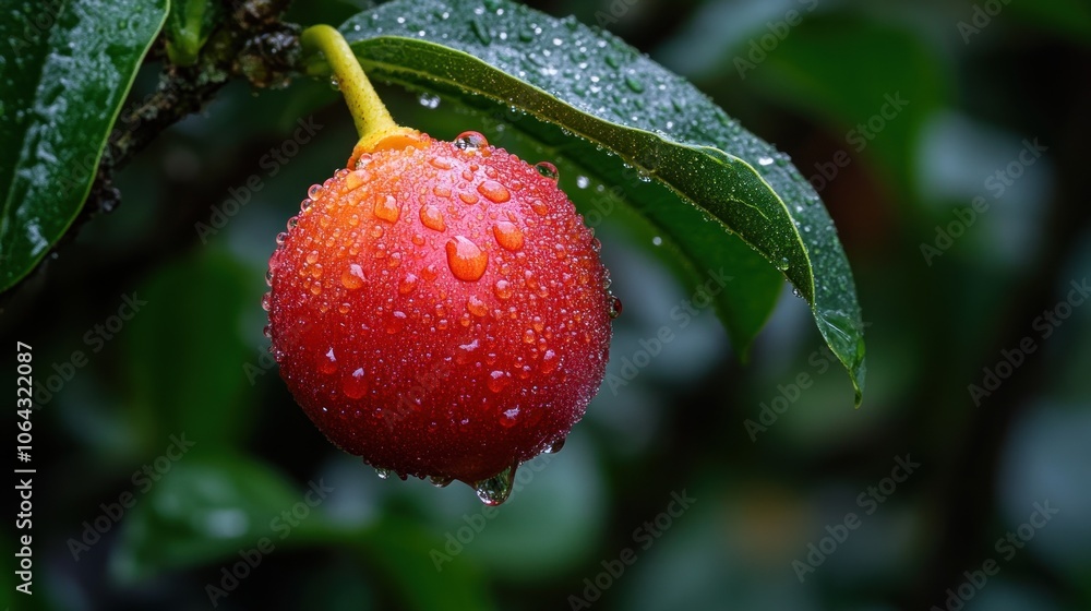 Obraz premium A close-up of a red fruit with water droplets, surrounded by green leaves.