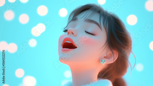 Joyful girl portrait capturing a blissful singing moment against dreamy turquoise bokeh backdrop, featuring red lips, closed eyes, and star earring, radiating pure happiness in warm lighting.