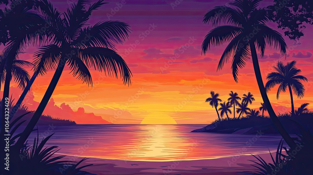 Vibrant Tropical Sunset with Silhouetted Palm Trees Vibrant Tropical Sunset with Silhouetted Palm Trees