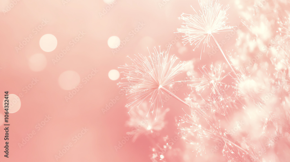 Delicate dandelion seeds floating softly against a dreamy pink background, creating a serene and whimsical atmosphere. Delicate dandelion seeds floating softly against a dreamy pink background, creating a serene and whimsical atmosphere.