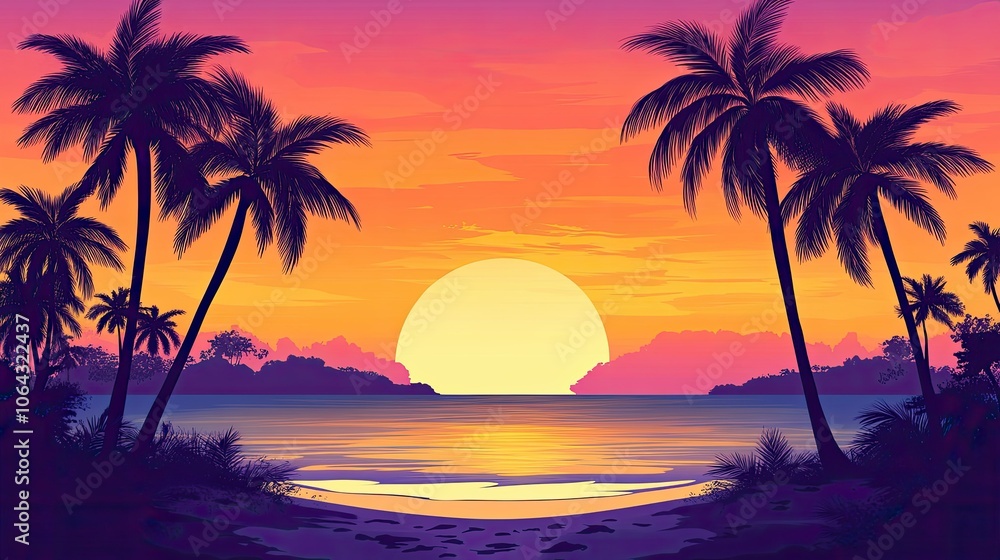 Tropical Sunset with Palm Trees and Calm Waters Tropical Sunset with Palm Trees and Calm Waters