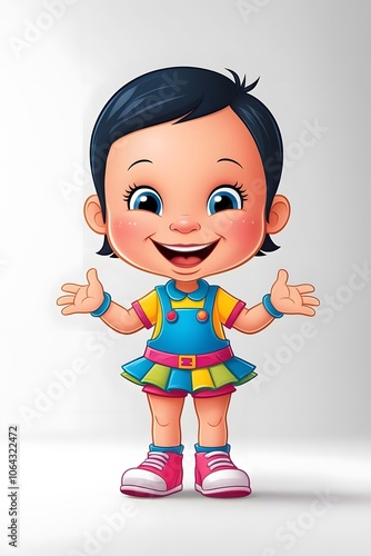 Joyful Cartoon Young Woman with Bright Smile Charming Cartoon Girl in Trendy Outfit Cute Cartoon Short Girl in Colorful Clothes Friendly Cartoon Female Character with Lively Expression Happy Cartoon W