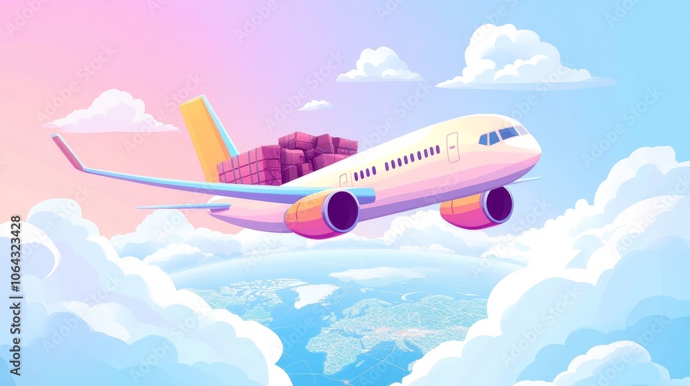 Cartoon Airplane Flying Over Clouds with Cargo Cartoon Airplane Flying Over Clouds with Cargo