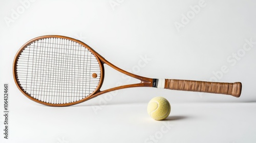 Vintage Tennis Racket and Ball on White Background