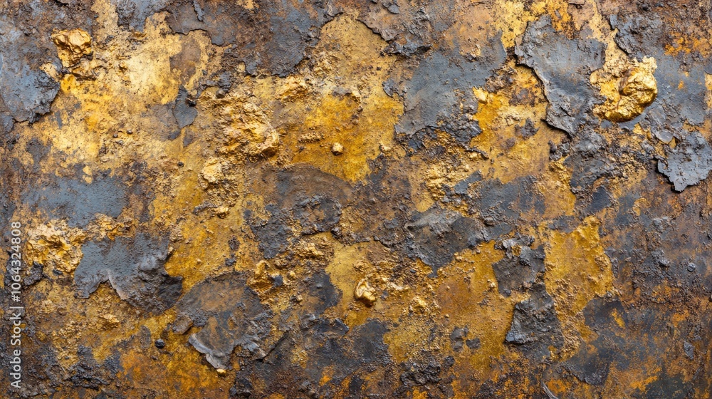 Rusty metal surface with a golden background, rusty, metal, gold, background, texture, weathered, aged, vintage, grunge.