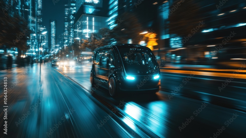 A futuristic vehicle navigating a vibrant city at night, illuminated by neon lights. A futuristic vehicle navigating a vibrant city at night, illuminated by neon lights.