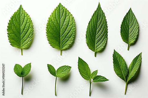 A collection of nine green leaves isolated on a white background. photo