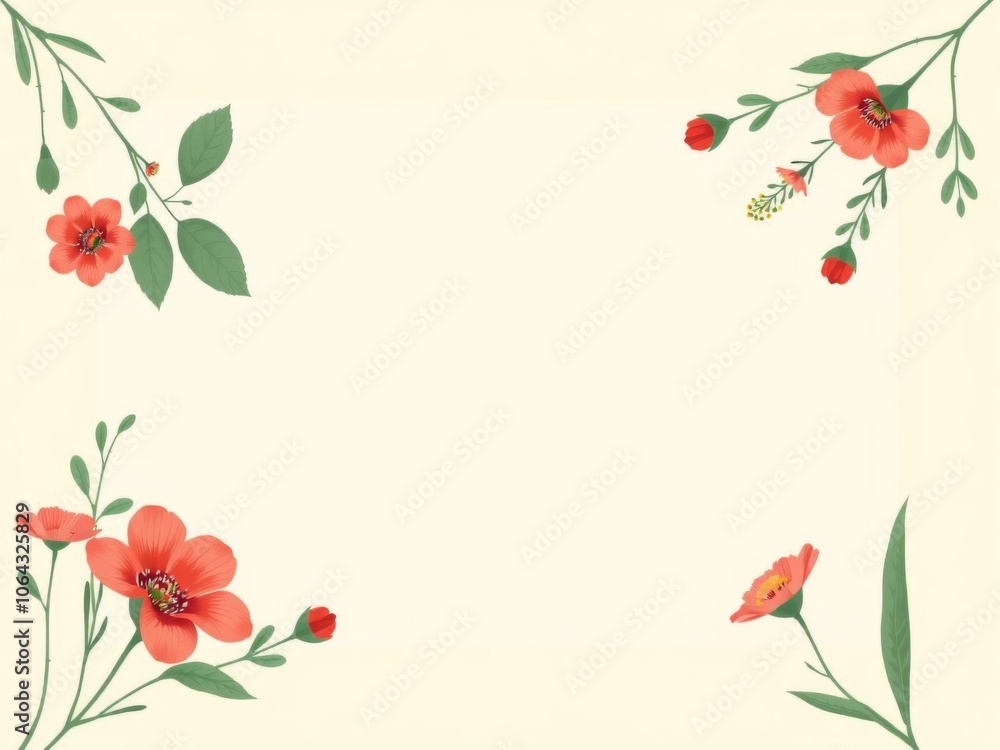 Summer mockup beige frame with red flower on top left corner surrounded by white space, background, nature, summer Summer mockup beige frame with red flower on top left corner surrounded by white space, background, nature, summer