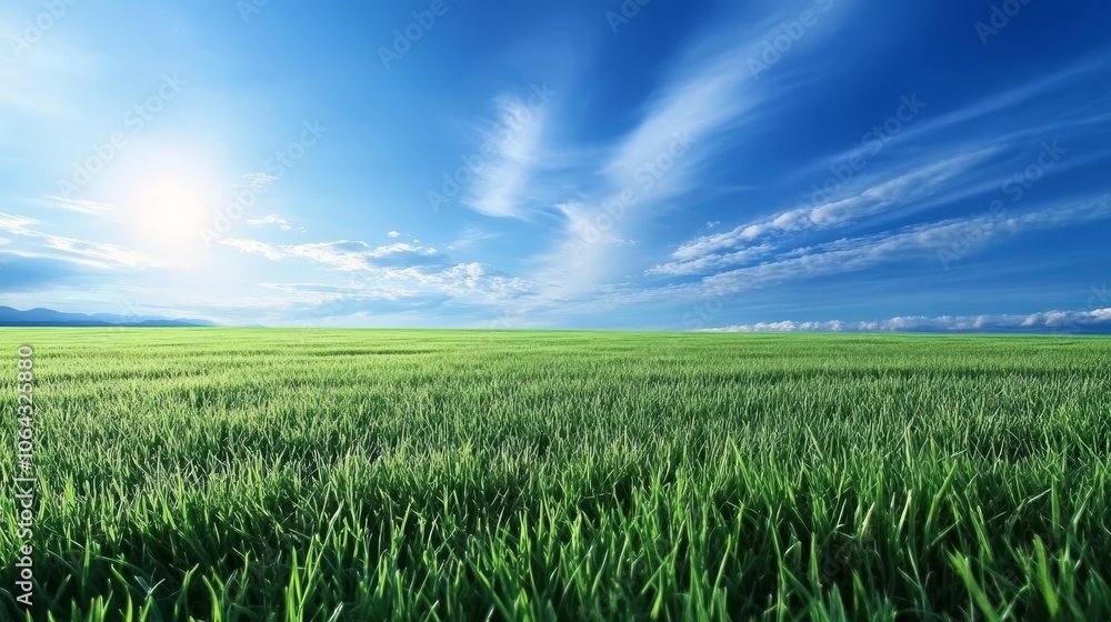 Vast green grass field under a blue sky with fluffy white clouds, serene nature landscape view Vast green grass field under a blue sky with fluffy white clouds, serene nature landscape view