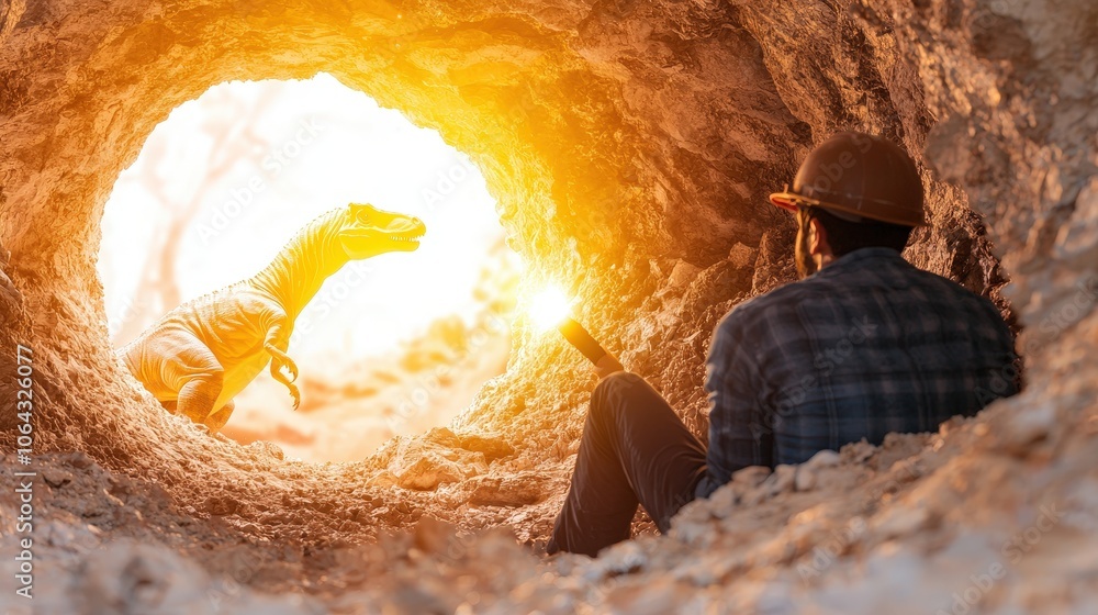 custom made wallpaper toronto digitalMan in Cave with Flashlight Encounters Dinosaur in Digital Art