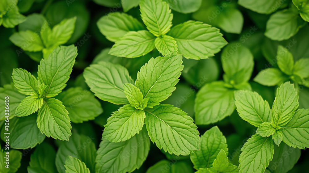 Fresh green mint leaves arranged in a natural pattern, showcasing their vibrant texture and color. Fresh green mint leaves arranged in a natural pattern, showcasing their vibrant texture and color.
