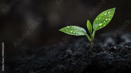 Fresh green seedling with dew drops growing from rich, dark soil, symbolizing growth and renewal.