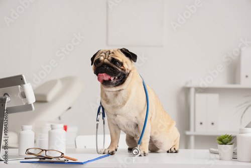 Cute pug dog with stethoscope on doctor's desk in clinic