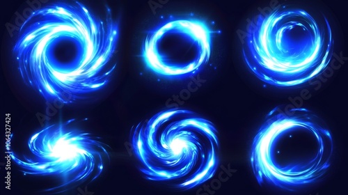 Vortex spins and circular flares depicted in vibrant colors.