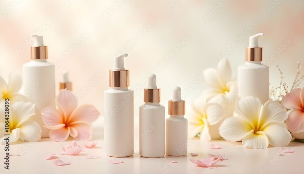 A serene spa setting with elegant bottles of natural skincare products arranged neatly. The backdrop features soothing pastel colors and delicate floral elements, evoking a sense of beauty A serene spa setting with elegant bottles of natural skincare products arranged neatly. The backdrop features soothing pastel colors and delicate floral elements, evoking a sense of beauty