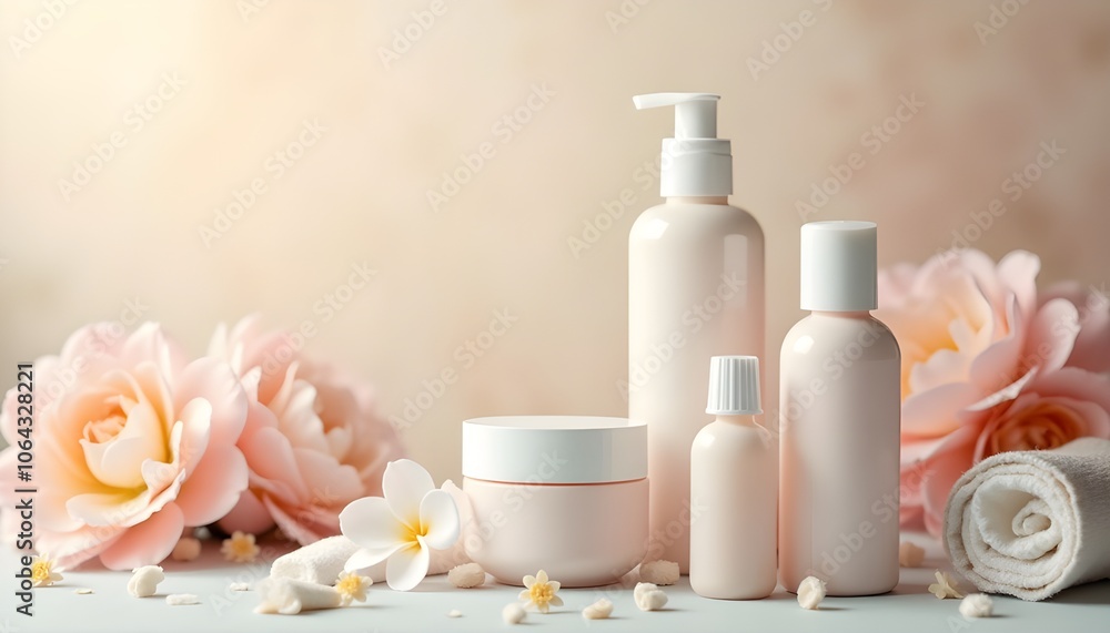 A serene spa setting with elegant bottles of natural skincare products arranged neatly. The backdrop features soothing pastel colors and delicate floral elements, evoking a sense of beauty
